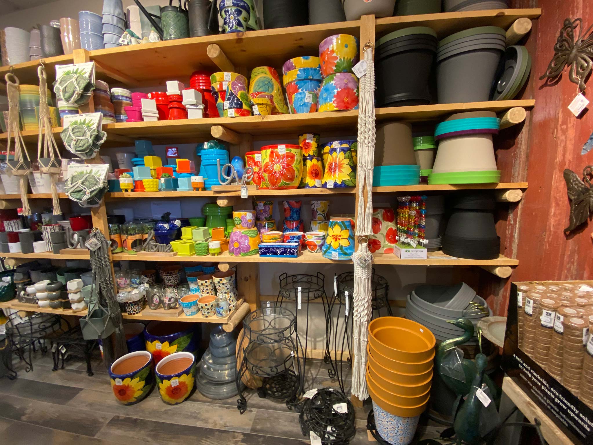Inside store with shelves of plant pots