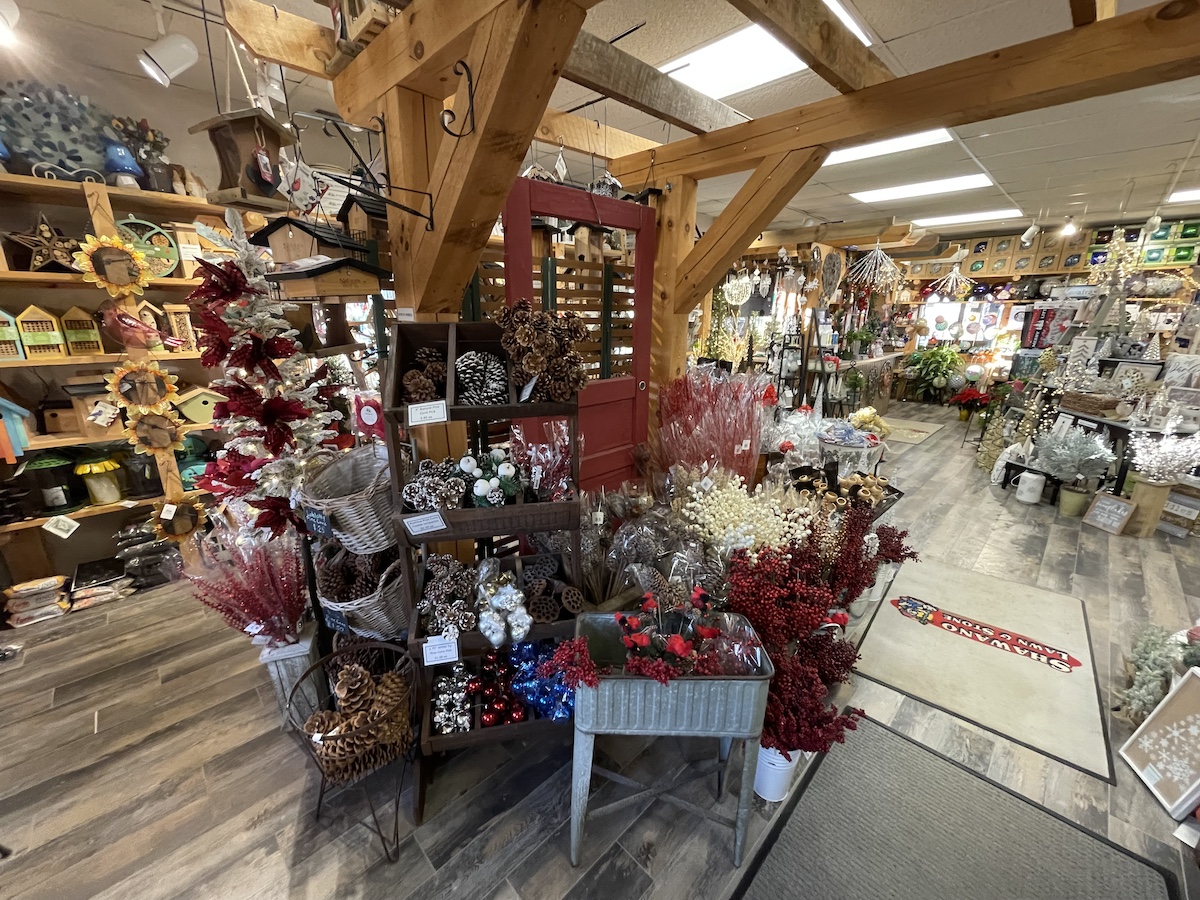 Shawano Lawn & Stone gift shop decorated for Christmas Haus