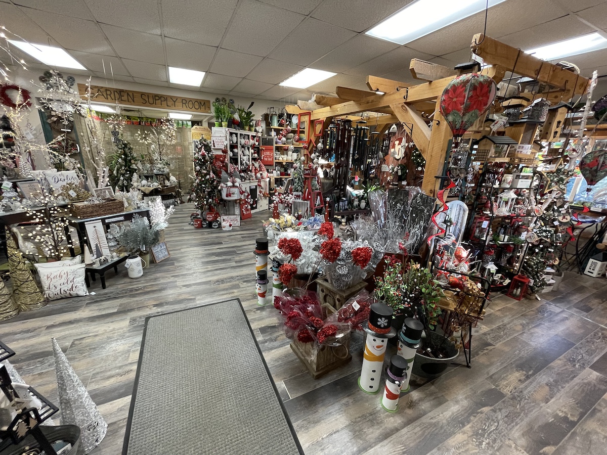 Shawano Lawn & Stone gift shop decorated for Christmas Haus