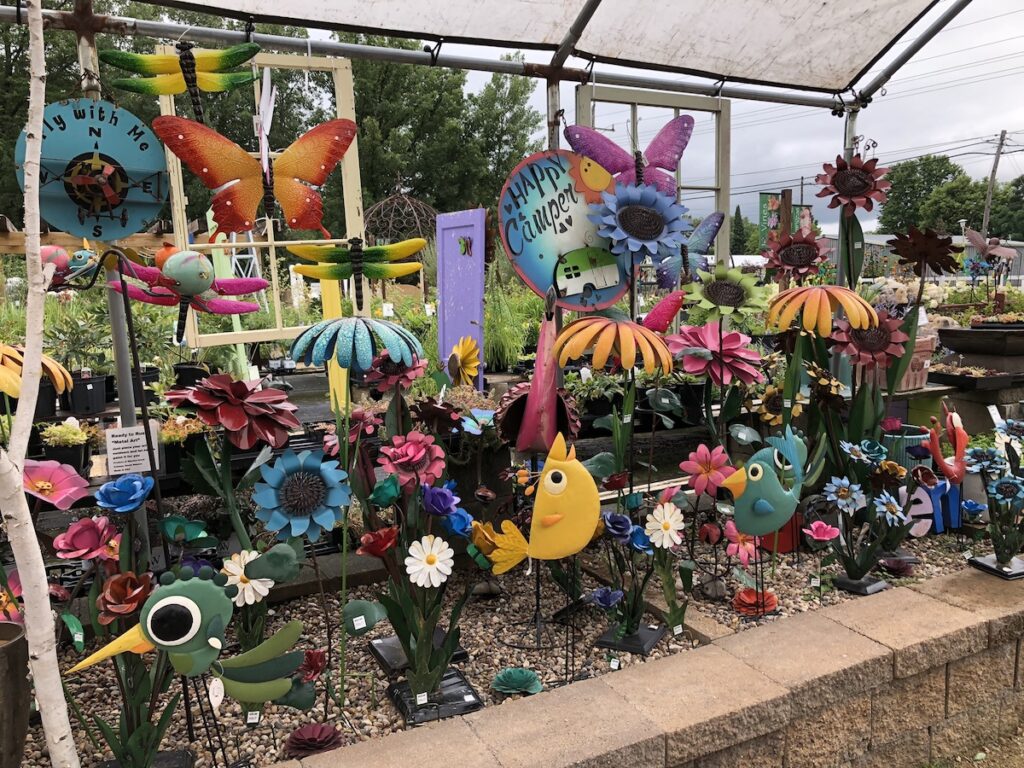colorful yard decor gift shop display